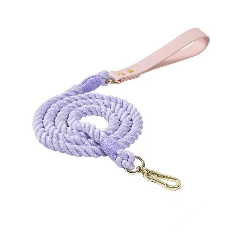 Luxe Royal Pink Leather Rope Leash in violet color, showcasing hand woven cotton rope and solid brass hardware.