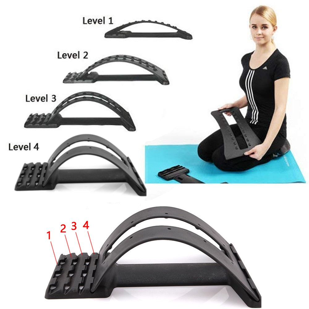 Magic Back Stretcher Lumbar Support Device designed for upper and lower back relief, featuring a multi-level arch for personalized stretching.