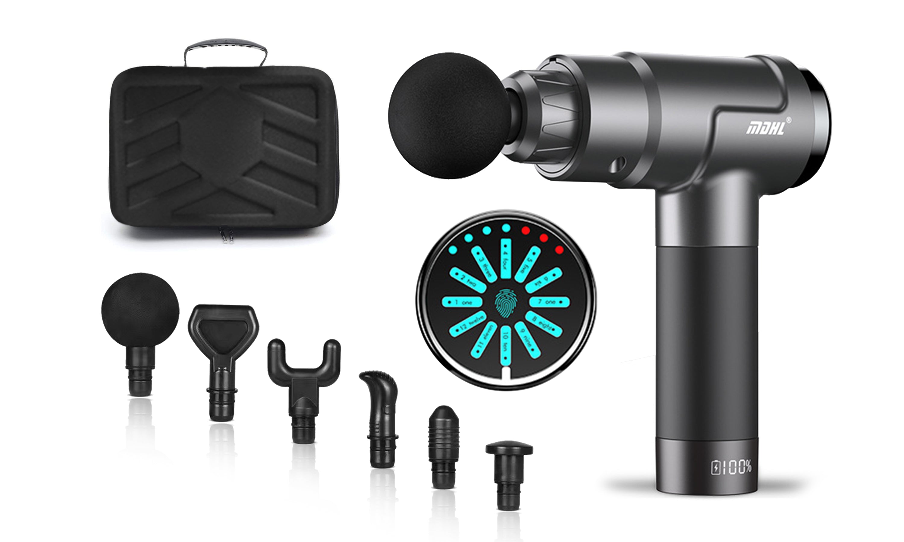 A sleek and modern deep tissue massage gun with multiple attachments, designed for muscle recovery and relaxation.