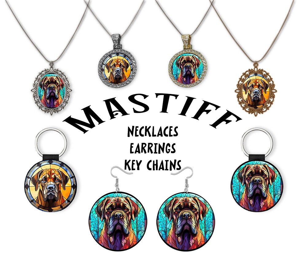 Stained glass style jewelry featuring Mastiff designs, including necklaces and earrings in silver and gold finishes.