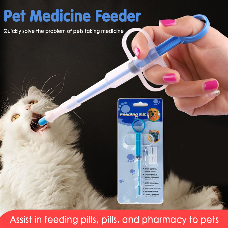 A colorful pet medicine dispenser in red, blue, and green, designed for easy administration of pills and liquids to pets.