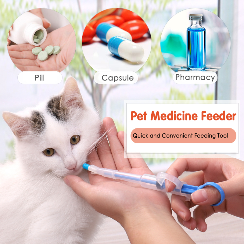 A colorful pet medicine dispenser in red, blue, and green, designed for easy administration of pills and liquids to pets.