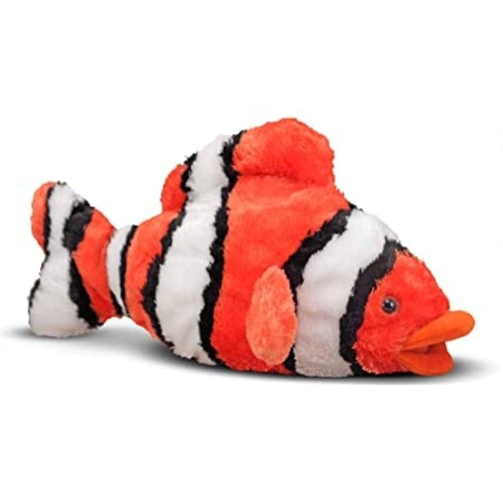 A vibrant Melissa and Doug Bubbles Clown Fish plush toy with bright orange and white-black stripes, perfect for cuddling and play.