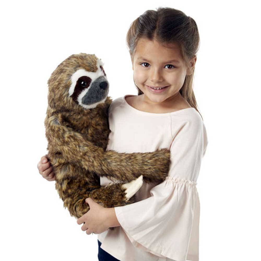 Melissa & Doug Lifelike Plush Sloth Animal Toy with soft fur, tri-colored face, and bendable arms, perfect for hugging and play.