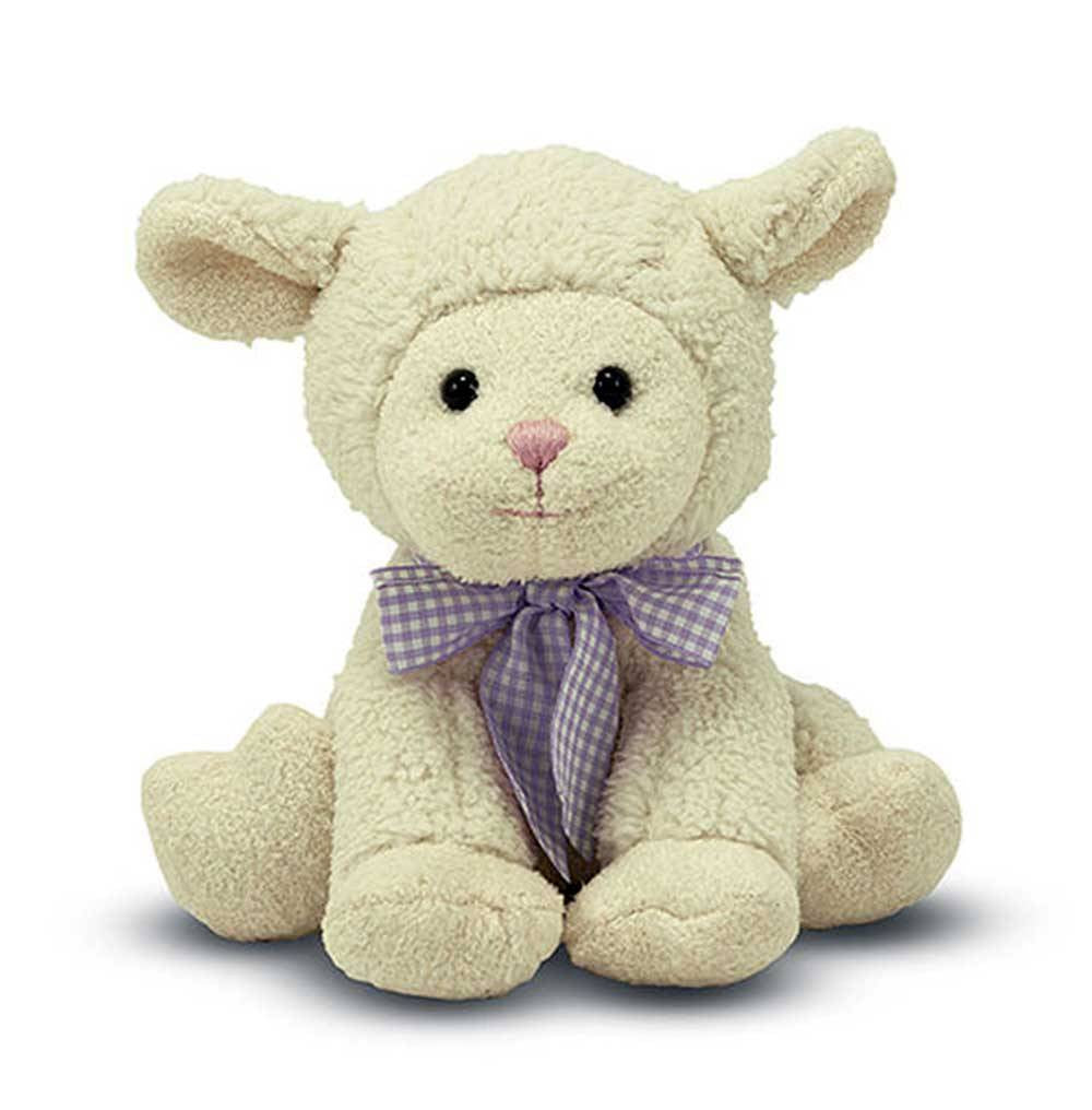 Melissa & Doug Meadow Medley Lamby Stuffed Animal Toy, an 8-inch white lamb with a gingham bow, soft fuzzy texture, and a smiling face.
