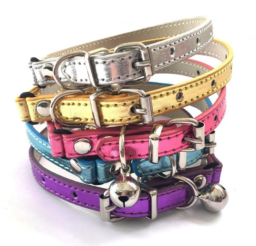 A collection of metallic safety cat collars in gold, pink, silver, blue, and purple glitter, showcasing their vibrant colors and safety features.