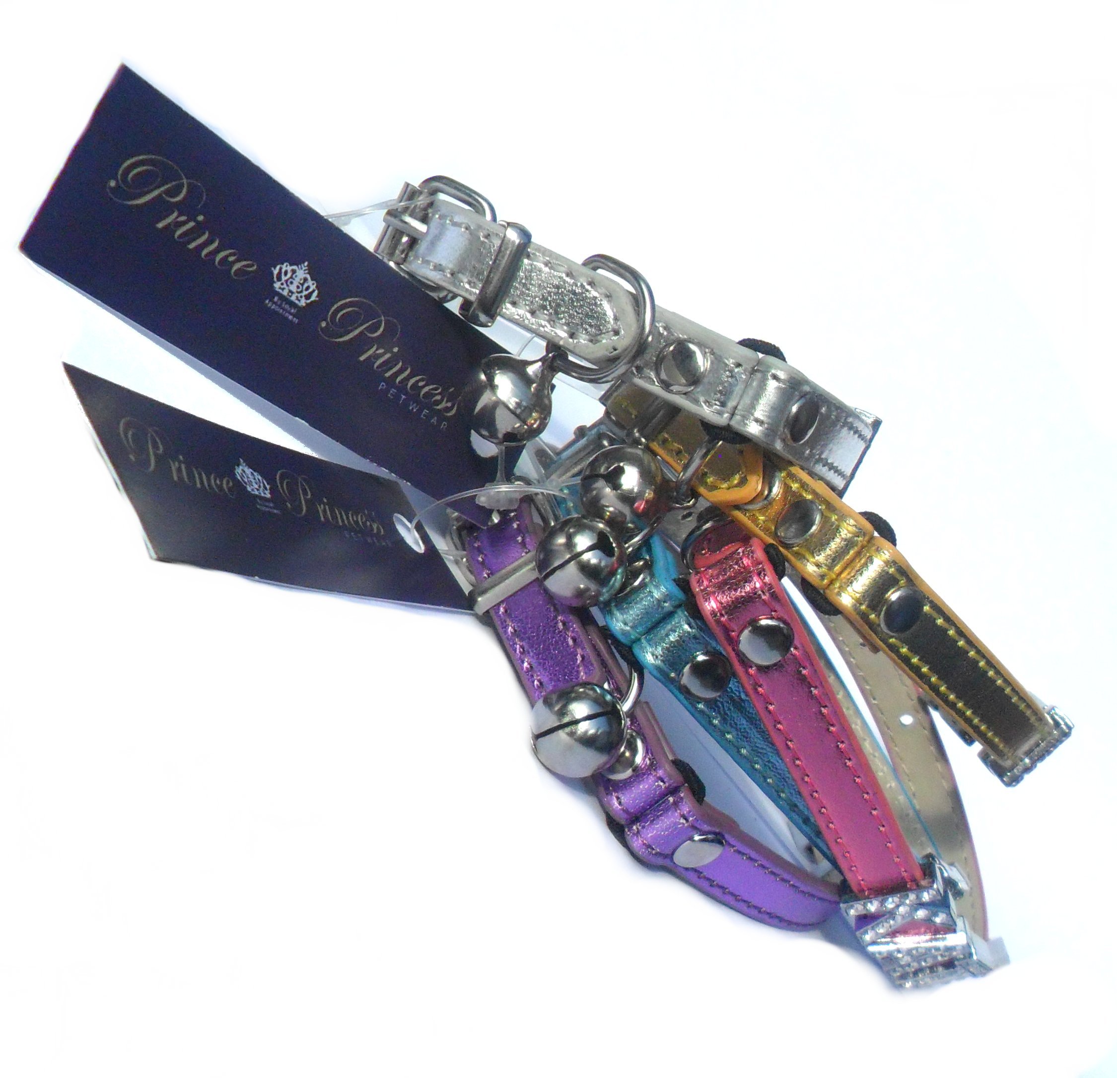 A collection of metallic safety cat collars in gold, pink, silver, blue, and purple glitter, showcasing their vibrant colors and safety features.