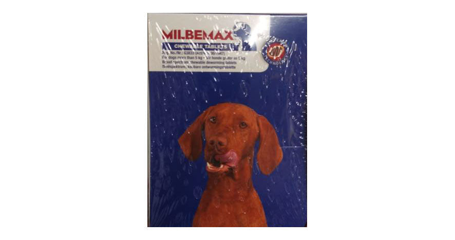 Milbemax Large Dog Allwormer Tablets pack containing two tablets for dogs weighing 5-25kg, designed for effective worm treatment and prevention.