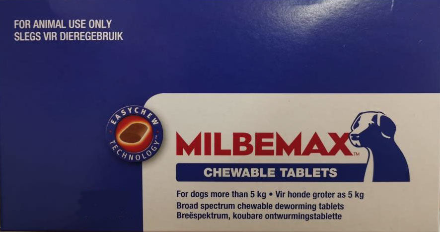 Milbemax Large Dog Allwormer Tablets pack containing two tablets for dogs weighing 5-25kg, designed for effective worm treatment and prevention.