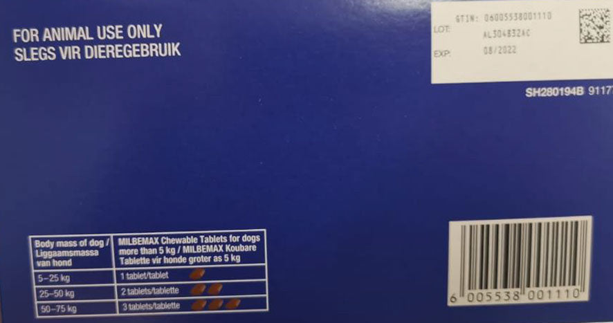 Milbemax Large Dog Allwormer Tablets pack containing two tablets for dogs weighing 5-25kg, designed for effective worm treatment and prevention.