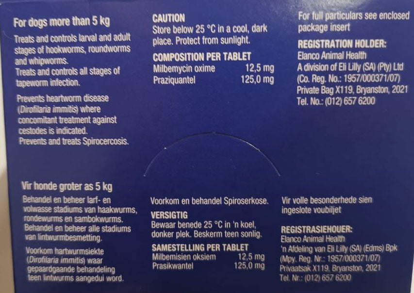 Milbemax Large Dog Allwormer Tablets pack containing two tablets for dogs weighing 5-25kg, designed for effective worm treatment and prevention.