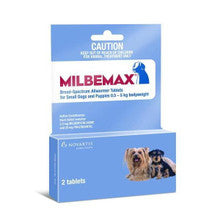 Milbemax Small Dog Under 5 Kg 2 Tab Pack, featuring two tablets in a compact package designed for small dogs.