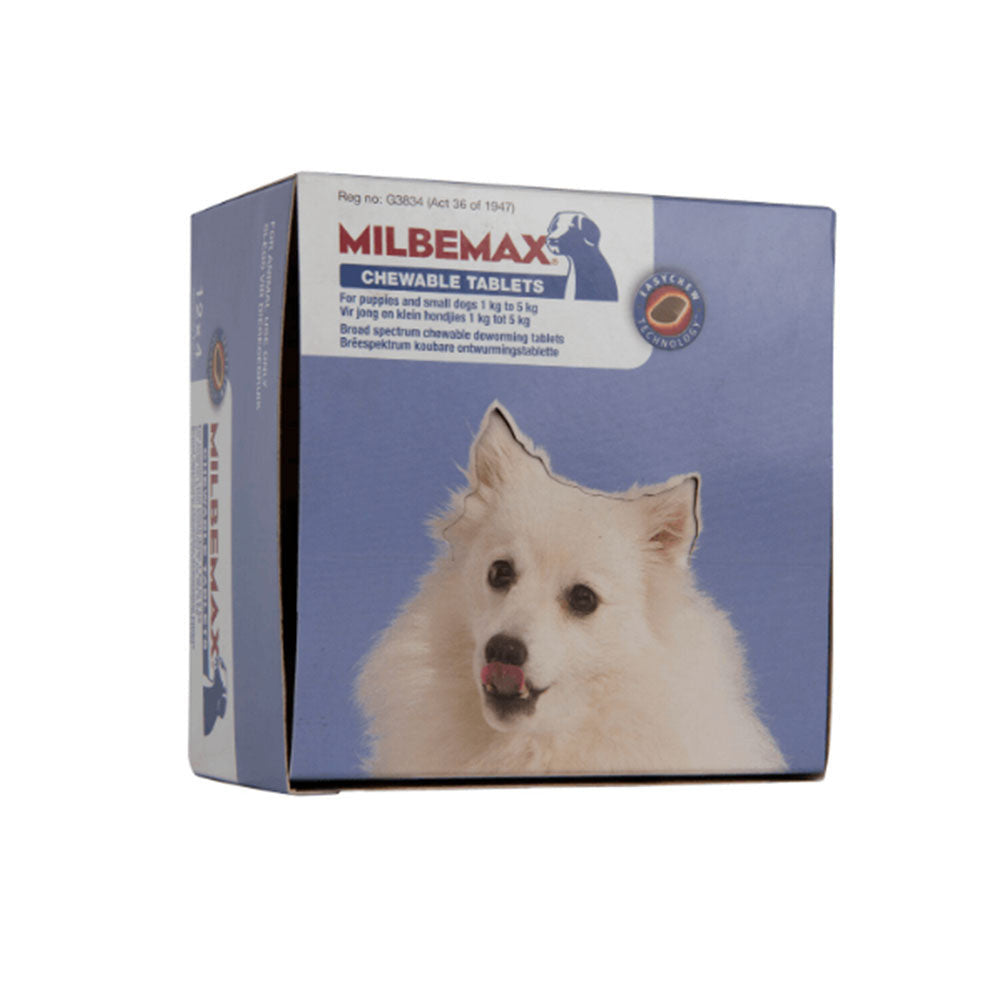 Milbemax Small Dog Under 5 Kg 2 Tab Pack, featuring two tablets designed for small dogs, with clear dosage instructions.