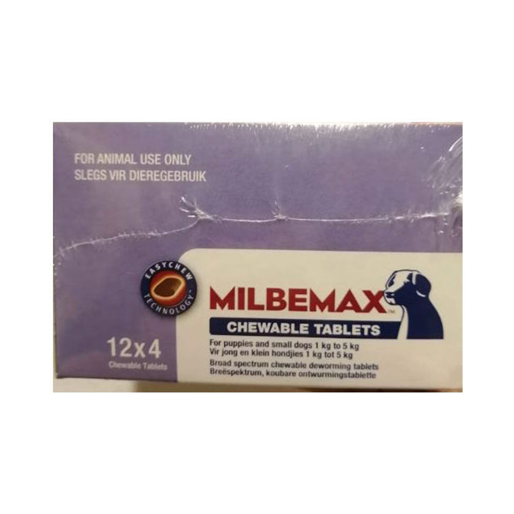 Milbemax Small Dog Under 5 Kg 2 Tab Pack, featuring two tablets designed for small dogs, with clear dosage instructions.
