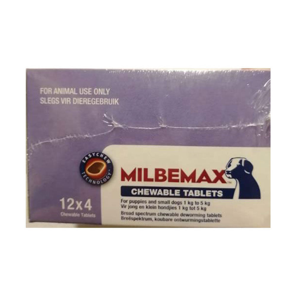 Milbemax Small Dog Under 5 Kg 2 Tab Pack, featuring two tablets designed for small dogs, with clear dosage instructions.