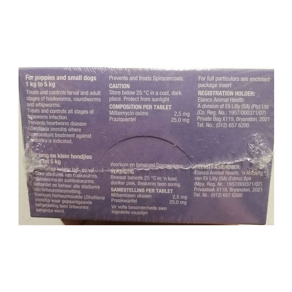 Milbemax Small Dog Under 5 Kg 2 Tab Pack, featuring two tablets designed for small dogs, with clear dosage instructions.