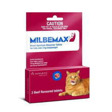 Milbemax Wormer for Cats packaging featuring two beef-flavored tablets designed for cats over 4.4lbs.