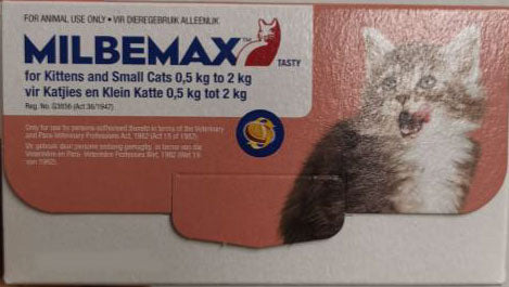 Milbemax Wormer tablets for kittens and small cats, beef-flavored, in a package designed for easy administration.