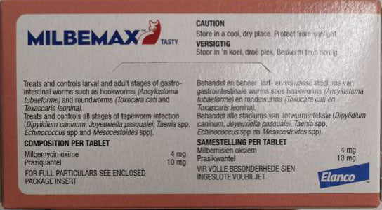 Milbemax Wormer tablets for kittens and small cats, beef-flavored, in a package designed for easy administration.