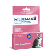 Milbemax Wormer for Kittens and Small Cats, a beef-flavored tablet designed for effective intestinal worm treatment.