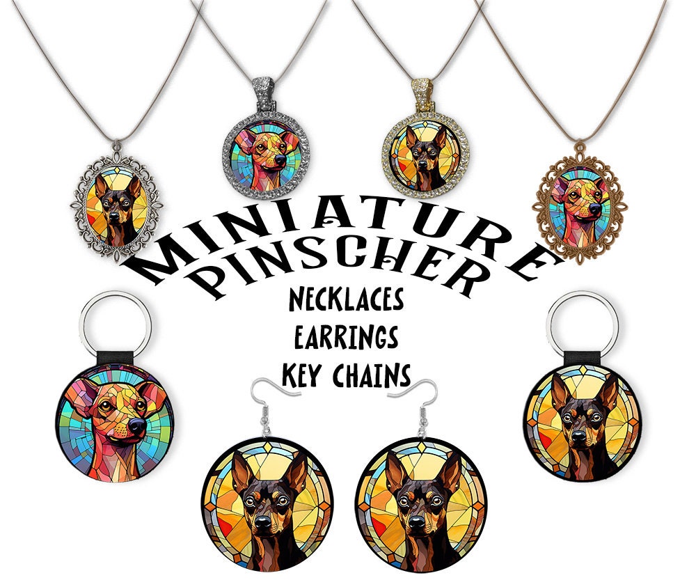 Stained glass style jewelry featuring Miniature Pinscher designs in silver and gold, including necklaces and earrings.