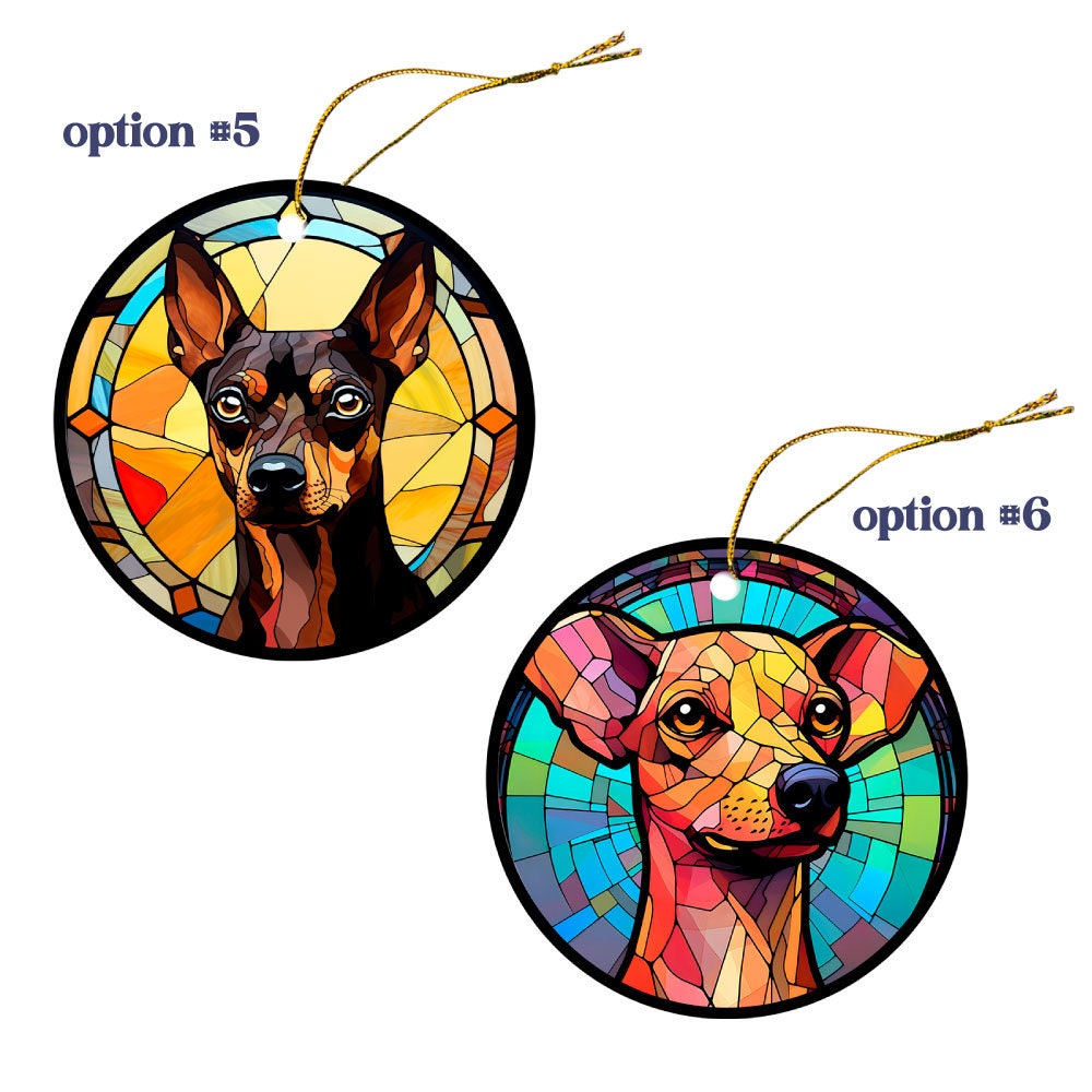 Stained glass style jewelry featuring Miniature Pinscher designs in silver and gold, including necklaces and earrings.