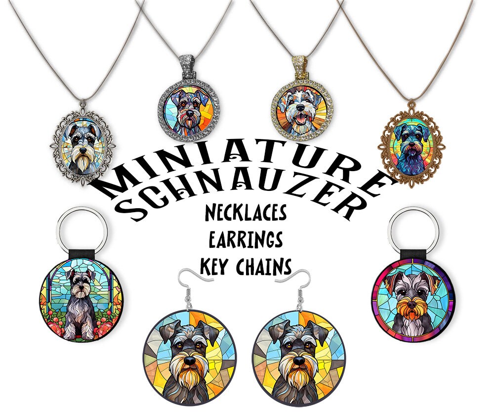 Stained glass style jewelry featuring Miniature Schnauzer designs, including necklaces and earrings in silver and gold finishes.