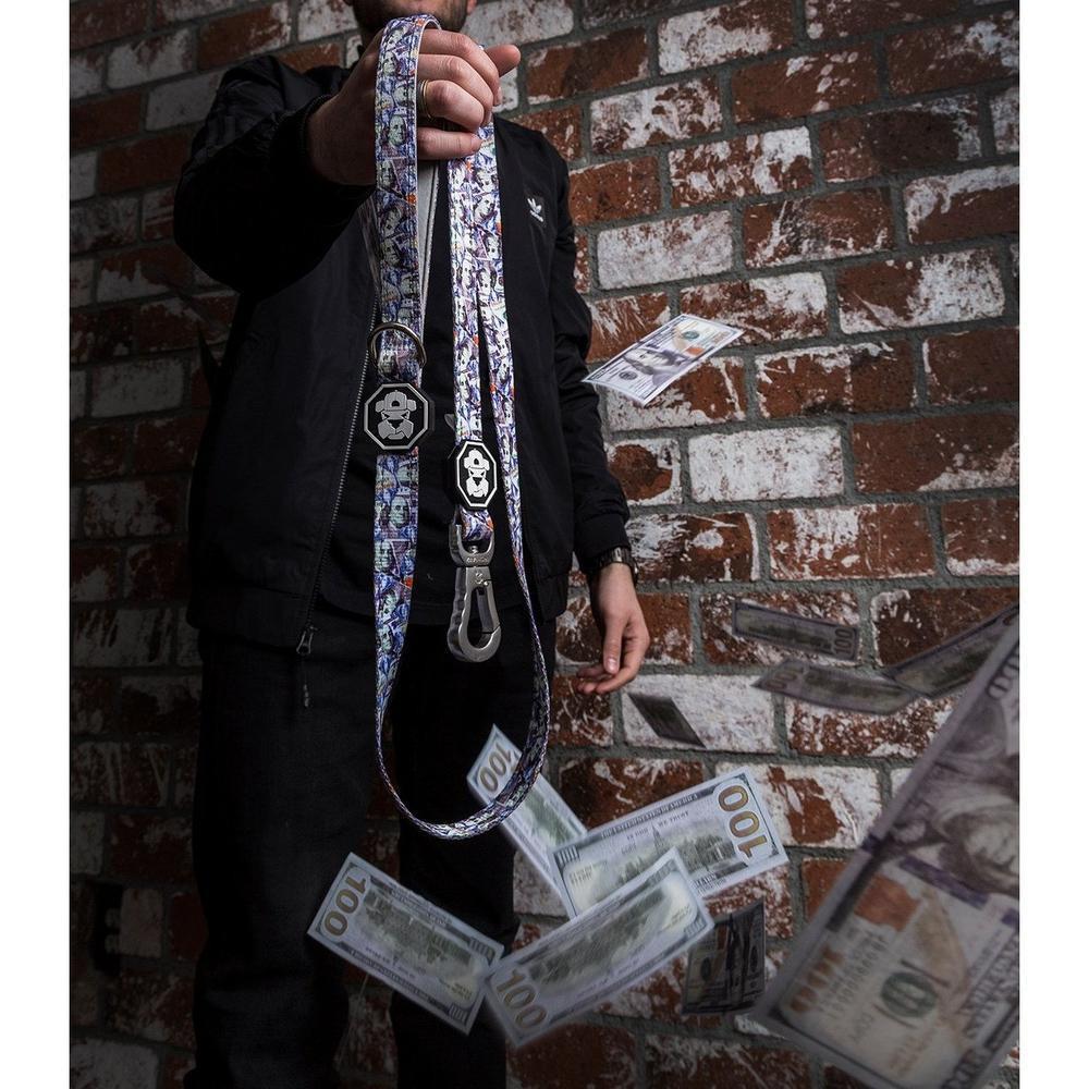 Colorful Money Talks Leash with neoprene padded handle and reflective strips, showcasing vibrant design and durable materials.