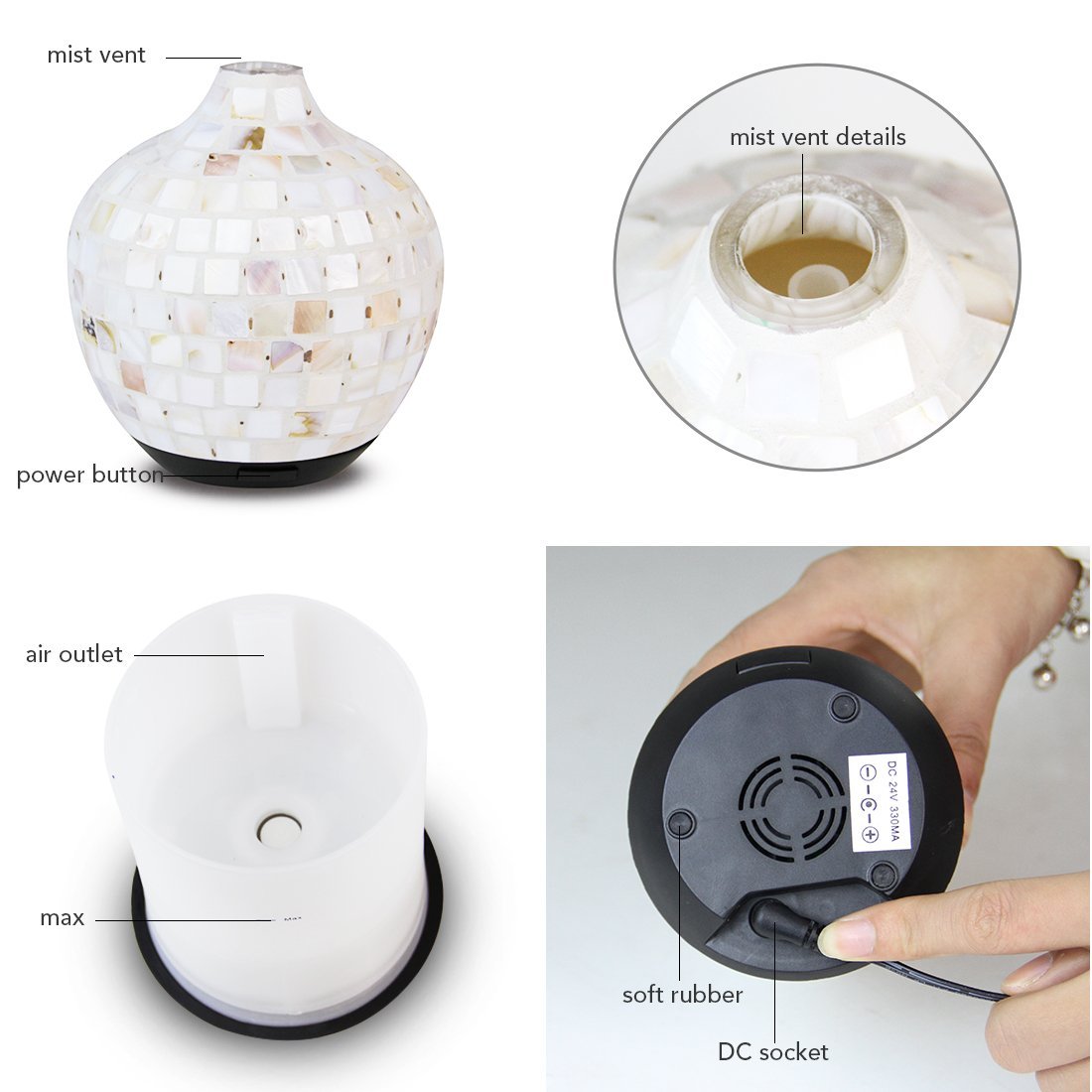 Mosaic Design Aroma Diffuser showcasing its unique hand-made glass design and warm yellow LED light.