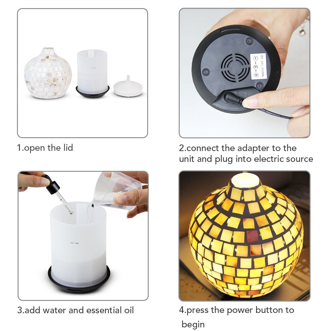 Mosaic Design Aroma Diffuser showcasing its unique hand-made glass design and warm yellow LED light.