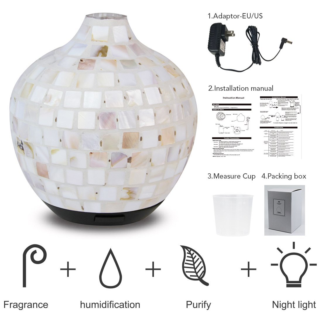Mosaic Design Aroma Diffuser showcasing its unique hand-made glass design and warm yellow LED light.