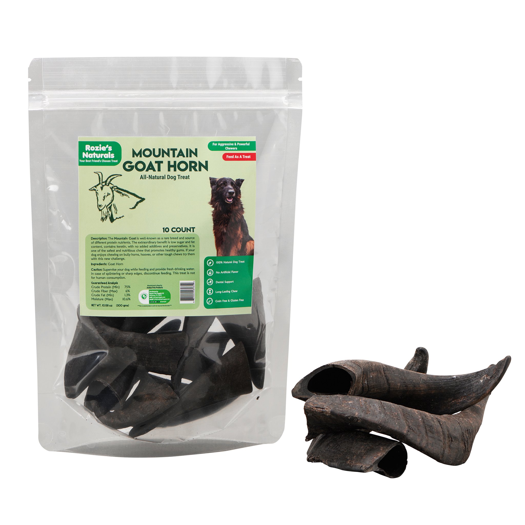 Mountain Goat Horn Dog Chews in a pack, showcasing their natural texture and size, perfect for aggressive chewers.