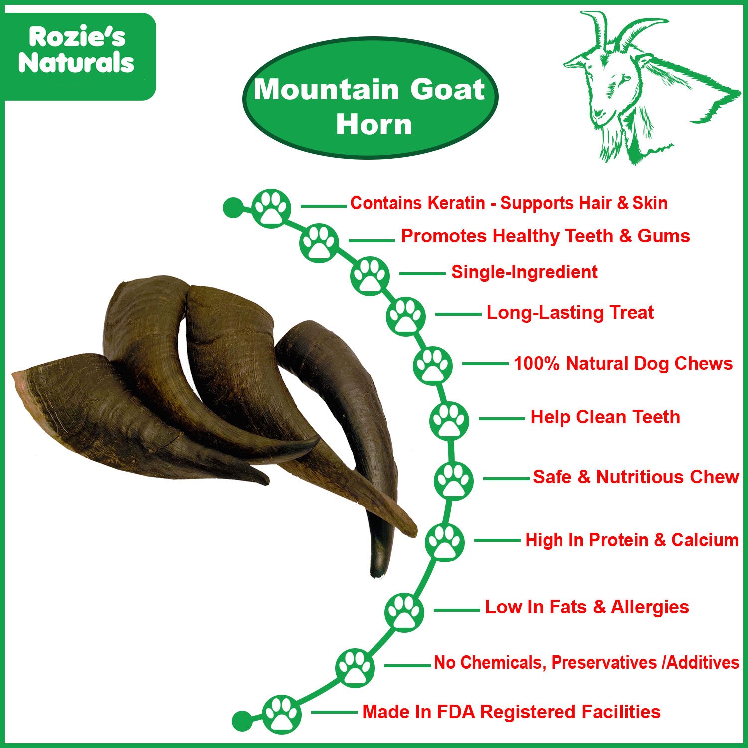 Mountain Goat Horn Dog Chews in a pack, showcasing their natural texture and size, perfect for aggressive chewers.