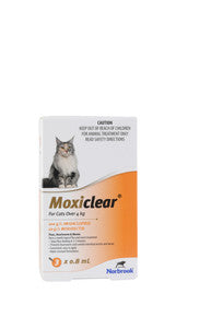 Moxiclear® for Cats over 4kg packaging featuring Imidacloprid and Moxidectin for parasite protection.