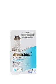 Moxiclear® for Dogs 10-25kg packaging showing product details and dosage information.