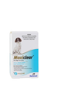 Moxiclear® for Dogs 10-25kg 6-pack, featuring a sleek design and clear labeling for easy identification.