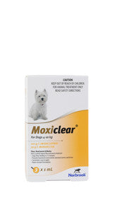 Moxiclear® for Dogs 4-10kg packaging with pipette, designed for flea and tick treatment.