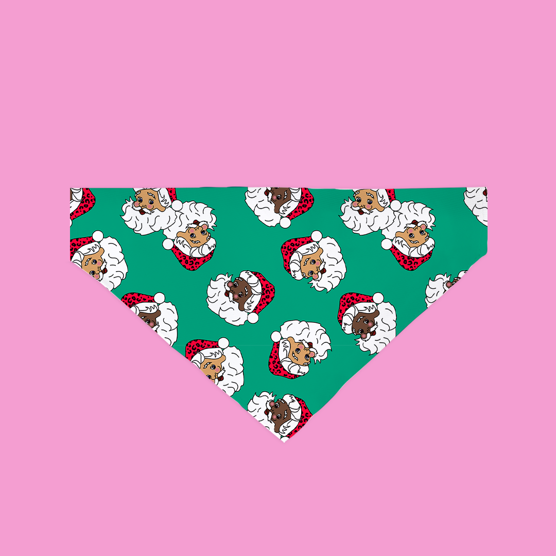 Mr. Claus Bandana in Green featuring Rudolph patterns, perfect for holiday celebrations, made from soft polyester fabric.