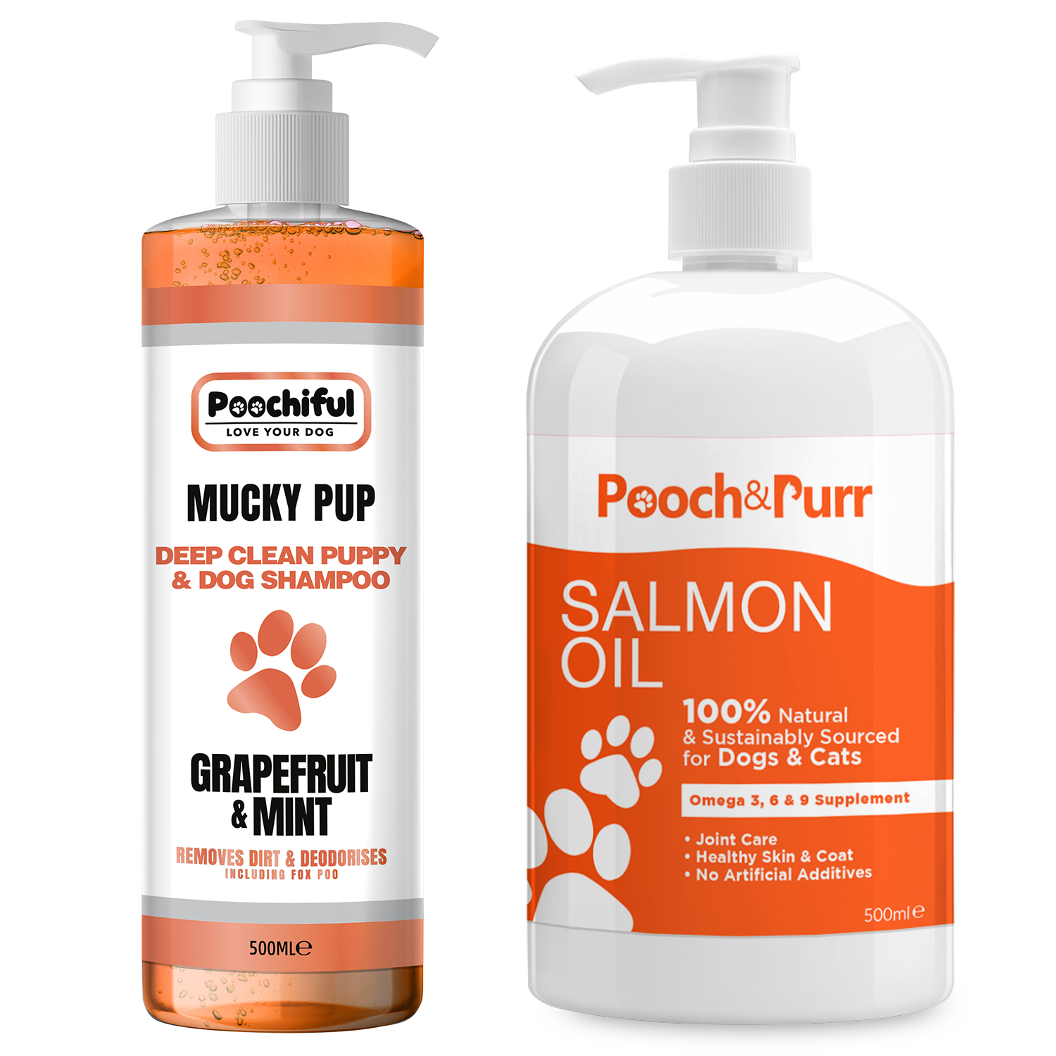 Mucky Pup Dog Shampoo 500ml and Pooch And Purr Salmon Oil 500ml bundle, showcasing the bottles with vibrant labels.