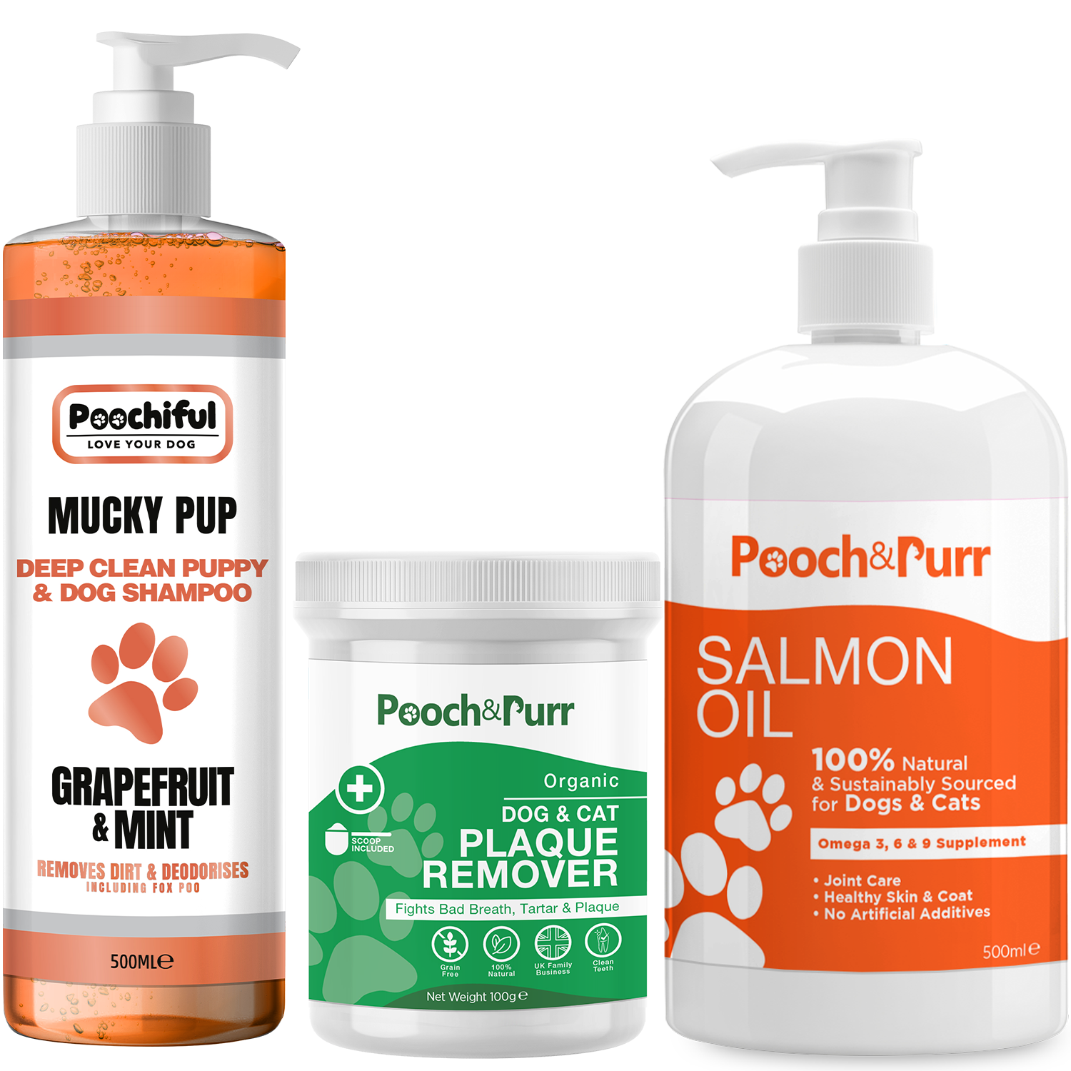 Mucky Pup shampoo, Pooch And Purr salmon oil, and Plaque Powder bundle for pet care.