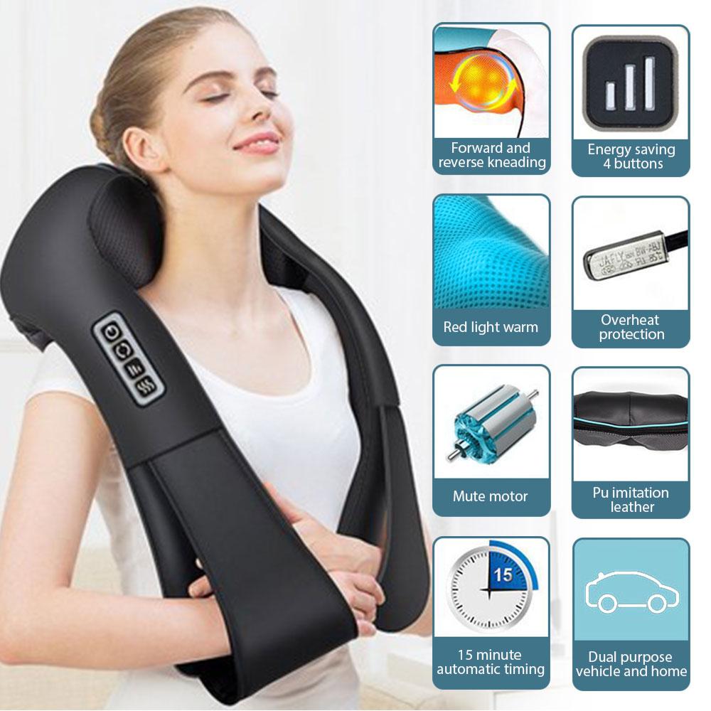 Multifunctional Electric Shiatsu Neck Back Massager with soothing heat, featuring 8 massage rollers and adjustable intensity settings.