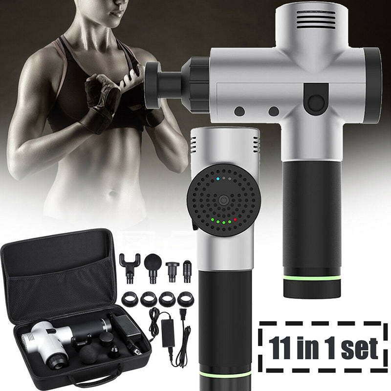 Muscle Massage Gun with multiple massage heads and ergonomic design for effective muscle therapy.