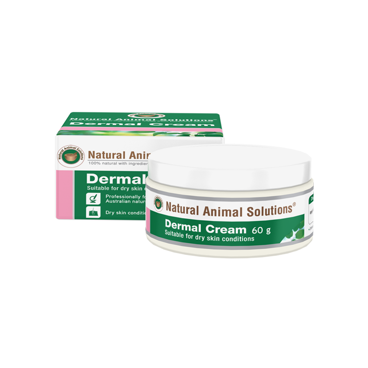Natural Animal Solutions Dermal Cream in a jar, showcasing its rich texture and natural ingredients for pet skin care.