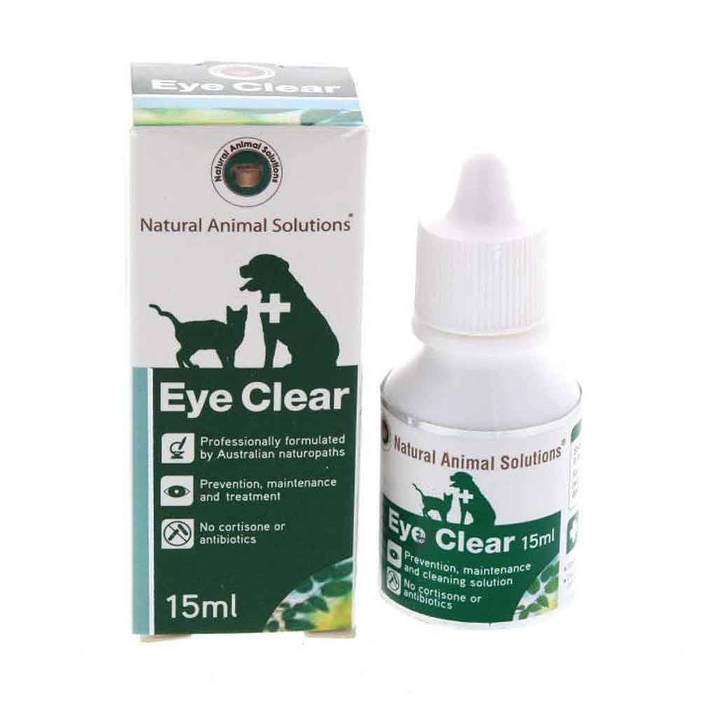 Natural Animal Solutions Eye Clear Drops for pets, featuring a 15ml bottle with a practical applicator for easy use.