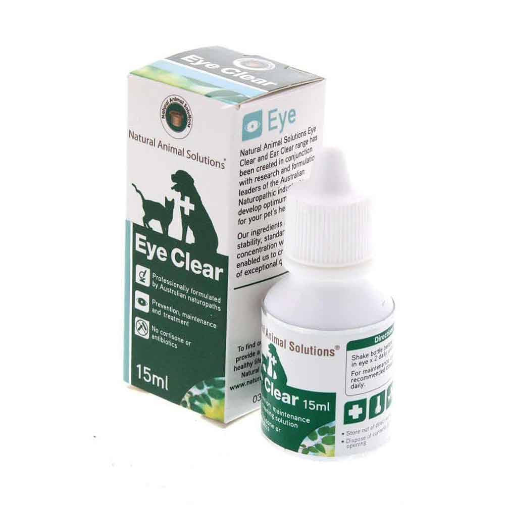 Natural Animal Solutions Eye Clear Drops for pets, featuring a 15ml bottle with a practical applicator for easy use.