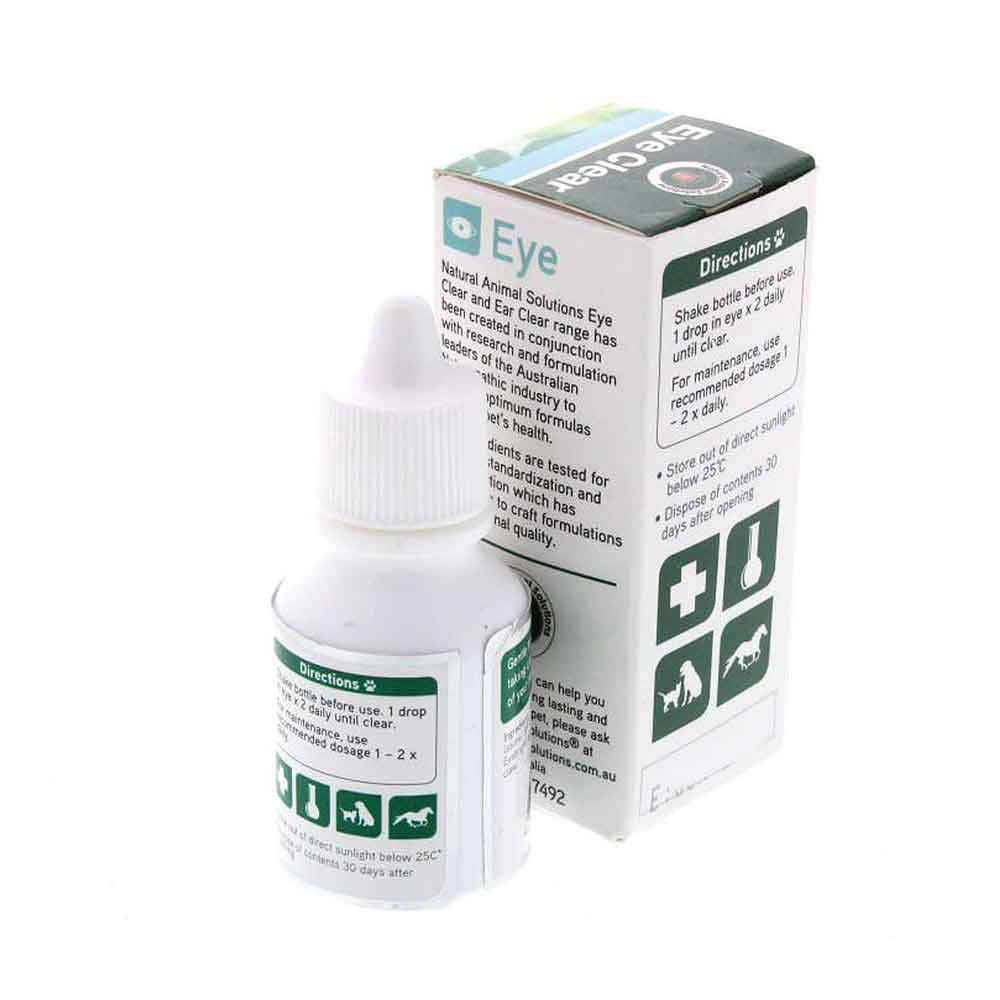 Natural Animal Solutions Eye Clear Drops for pets, featuring a 15ml bottle with a practical applicator for easy use.