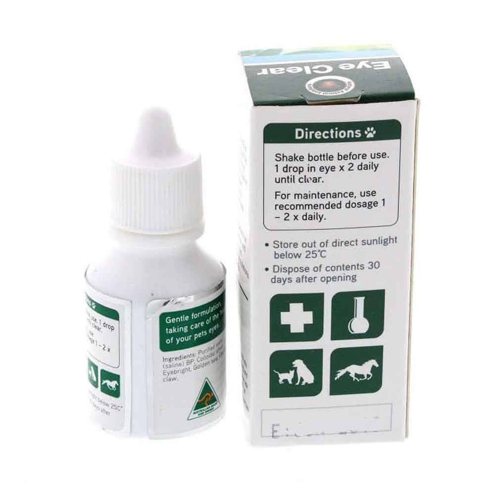 Natural Animal Solutions Eye Clear Drops for pets, featuring a 15ml bottle with a practical applicator for easy use.