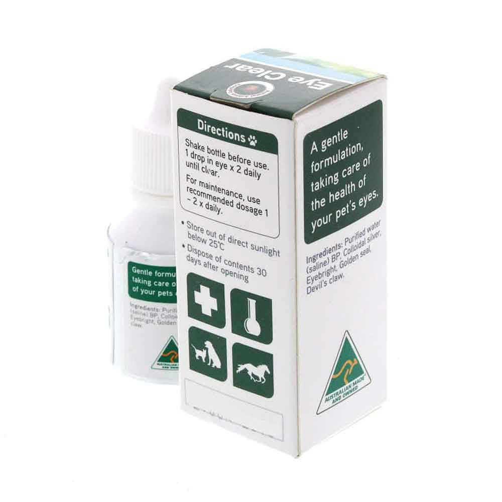 Natural Animal Solutions Eye Clear Drops for pets, featuring a 15ml bottle with a practical applicator for easy use.