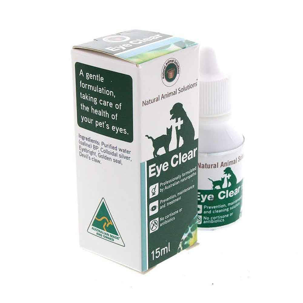 Natural Animal Solutions Eye Clear Drops for pets, featuring a 15ml bottle with a practical applicator for easy use.