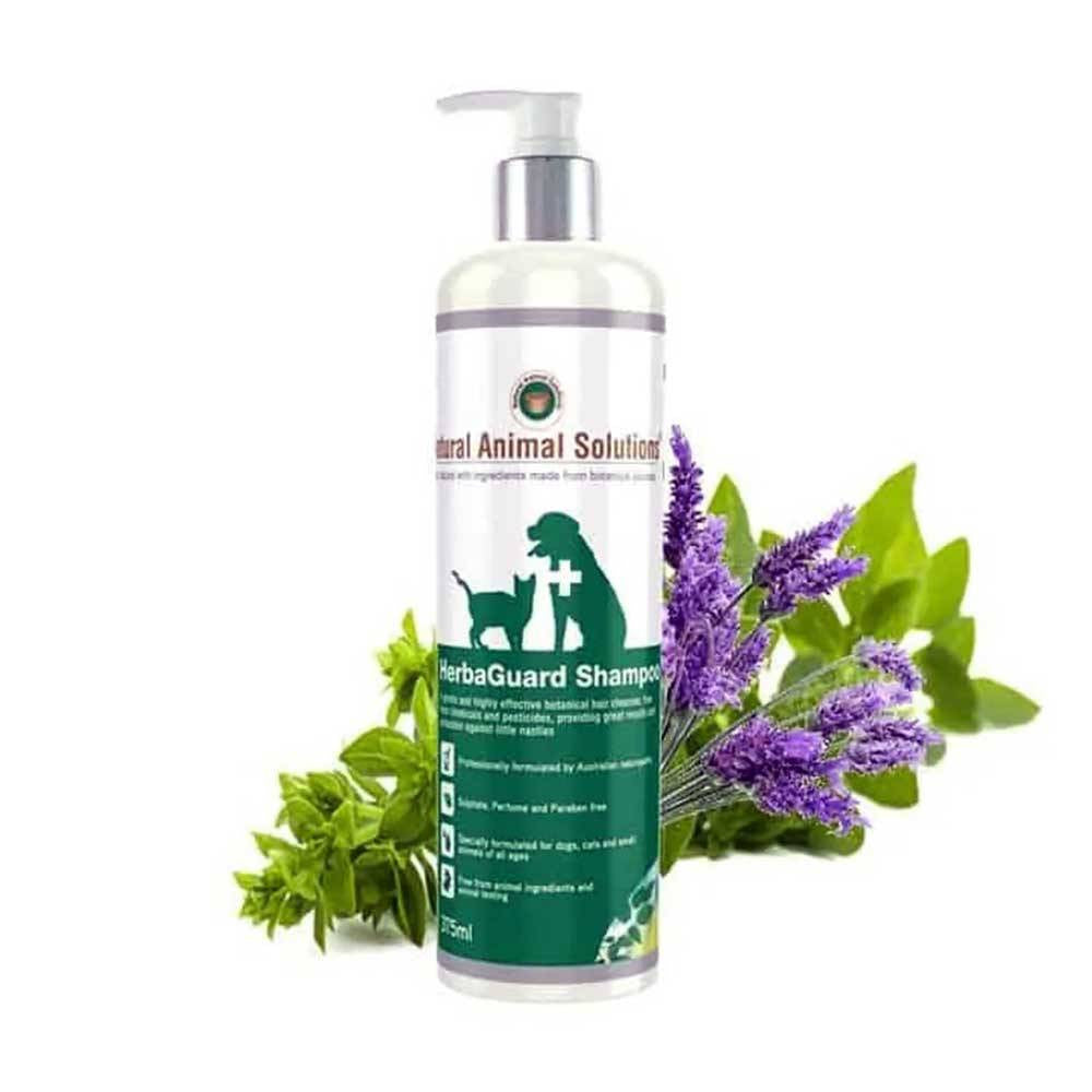 Natural Animal Solutions HerbaGuard Shampoo bottle with herbal ingredients, suitable for dogs, cats, and small animals.